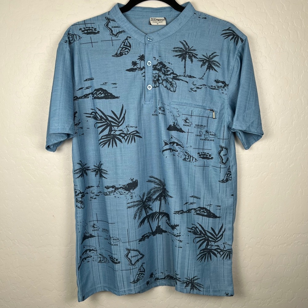 Zeepmayer Mens Hawaiian Shirt Blue Island Map Palm Tree Button Up Medium‎